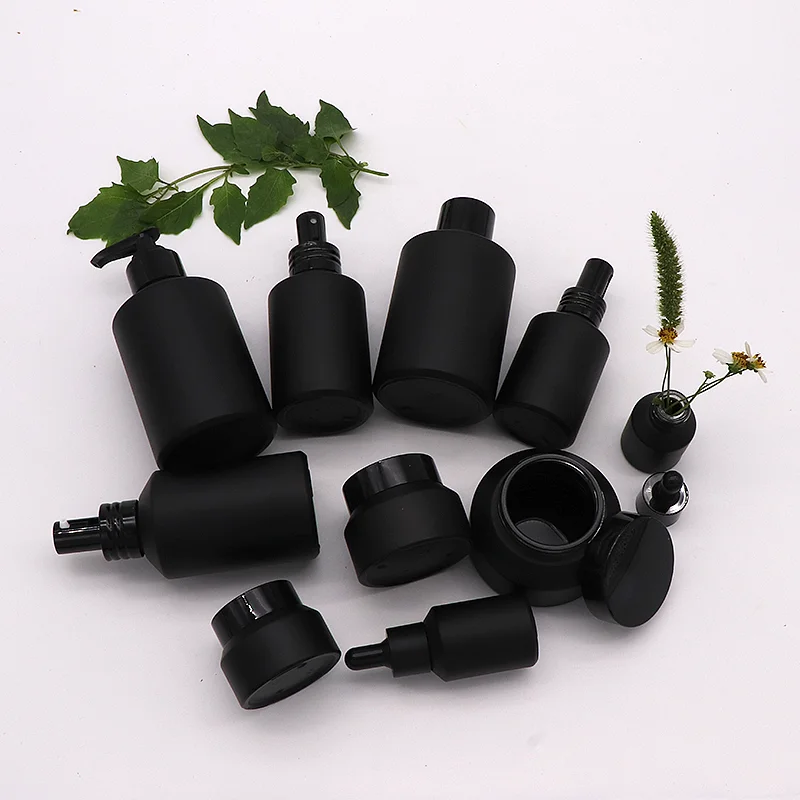 3* Custom 15/30/60/100/120/200ml Matte Black Slant Shoulder Lotion Spray Pump Dispenser 15/30/50g Empty Cream Container Jar