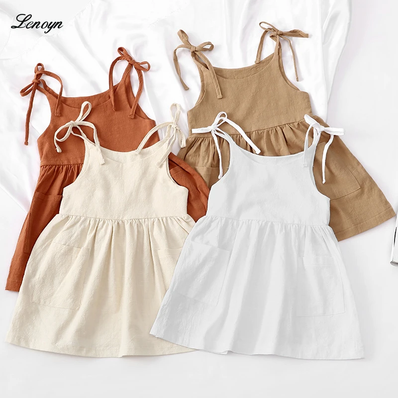 

Children Girls Summer Casual Dress Solid Suspender With Pocket Cute Clothes For 2-6T Girls Princess Wedding Party Gift Costume