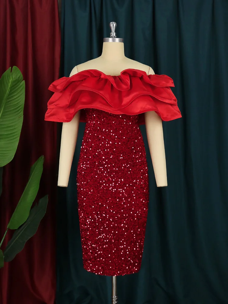 Women's Sequin Party Dresses 4XL Plus Size Clothing 2022 Elegant Tight Strapless Wrap Style Ruffled Hem Dress Fashion Red Dress