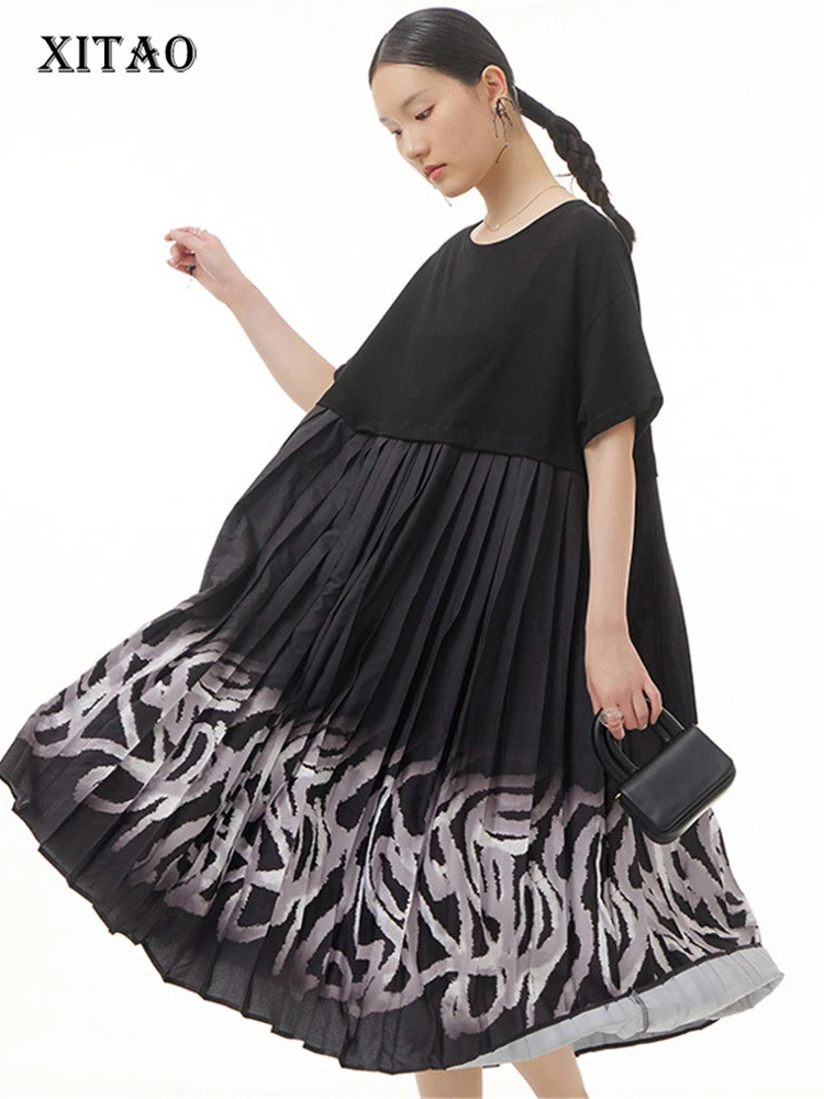 

XITAO Print Pattern Dress Fashion Pleated Hem Goddess Fan Casual Style Pullover 2022 Summer Minority Loose Dress WMD5962