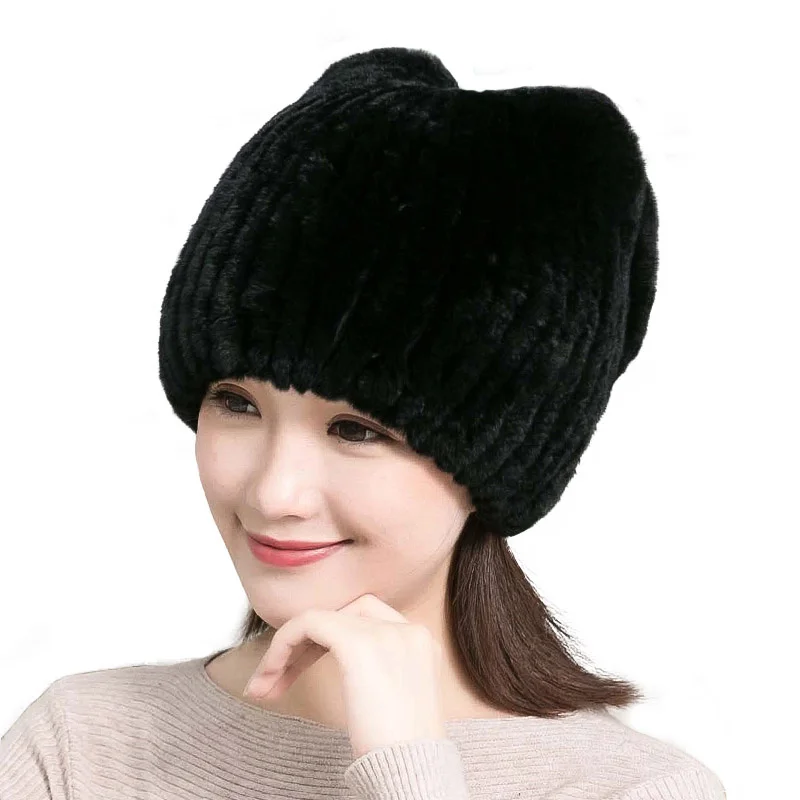 Warm Winter Real Rabbit Fur Snow Hat Hats For Women Girls Real Knitted Fur Skullies Natural Soft Beanie Rex Rabbit Fur Hats