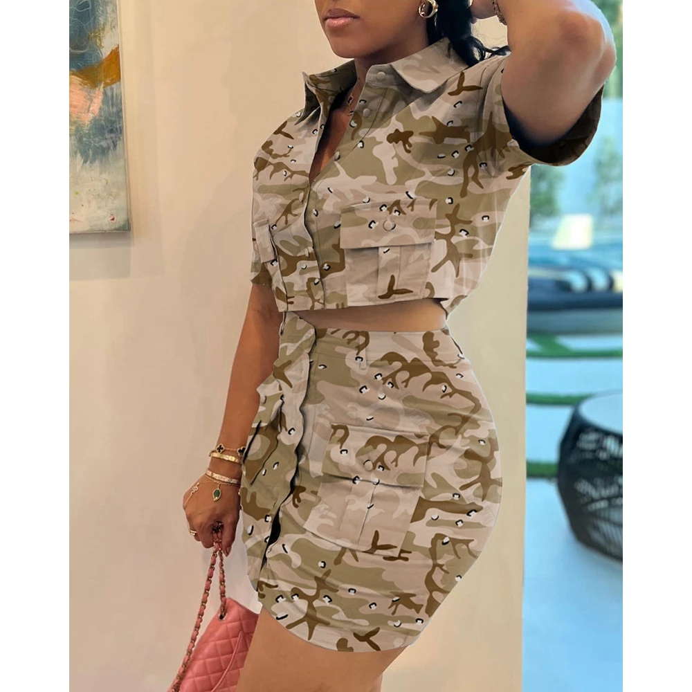 Summer Women Camo Print Cargo Pocket Short Sleeve Crop Top & Mini Skirt Sets Slim Fit Casual 2 piece Sets Outfits Streetwear