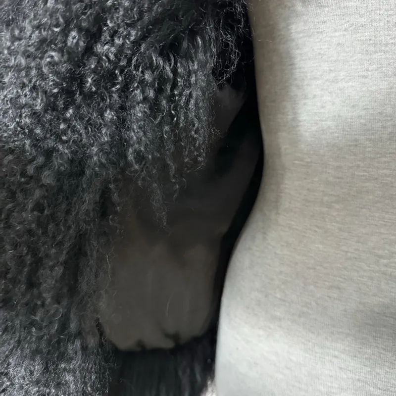 Настоящая дубленка монгольский мех ягненка длина 60 см женская куртка из