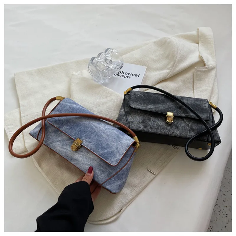 New Women's Designer Bag Luxury Versatile Shoulder Underarm Small Square Bag Fashion Simple Texture Contrast Denim Handbags