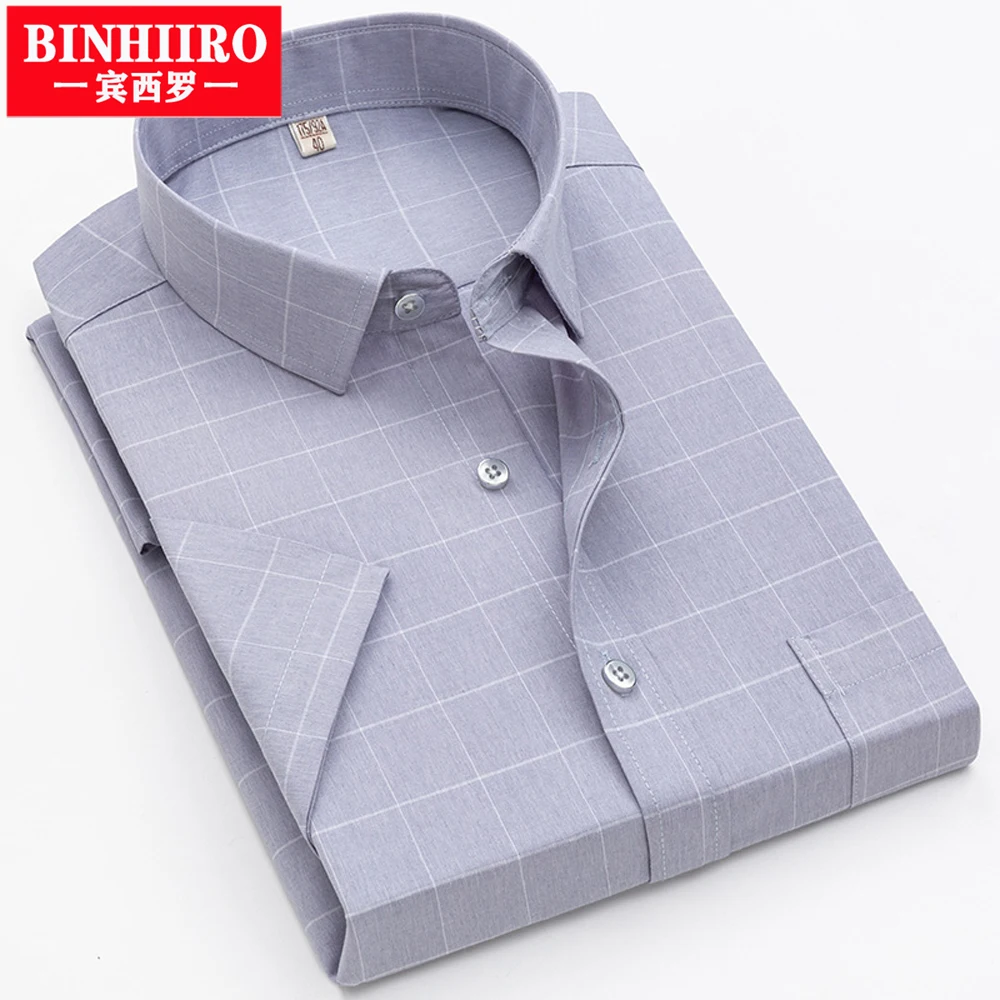 

BINHIIRO Мужская модная рубашка с коротким рукавом деловая рубашка с лацканами Мужская рубашка брендовая Высококачественная приталенная рубашка большого размера 5XL