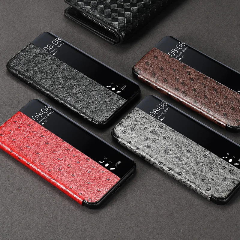 Hot Sales Luxury Ostrich Grain Cowhide Leather Cover For Huawei P50 Pro Real Genuine Cow Skin Intelligent Sleep Window Flip Case