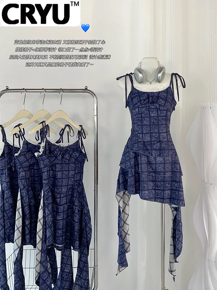 

Korean Fashion Spaghetti Strap Dress For Women 2023 Lace Patchwork Frocks Tierred Ruffle Design Irregular Y2k Streetwear Gyaru