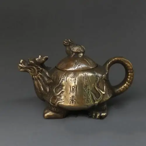 

China FengShui Pure Brass Dragon Turtle Head Statue Wine Pot Teapot s