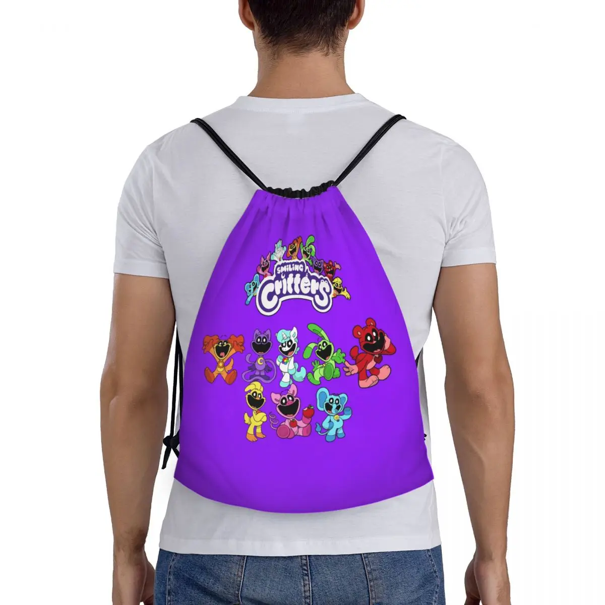 Custom Colorful Smiling Big Mouth Critters Group Drawstring Bags for Shopping Yoga Backpacks Scarry Animated Game Sports Gym