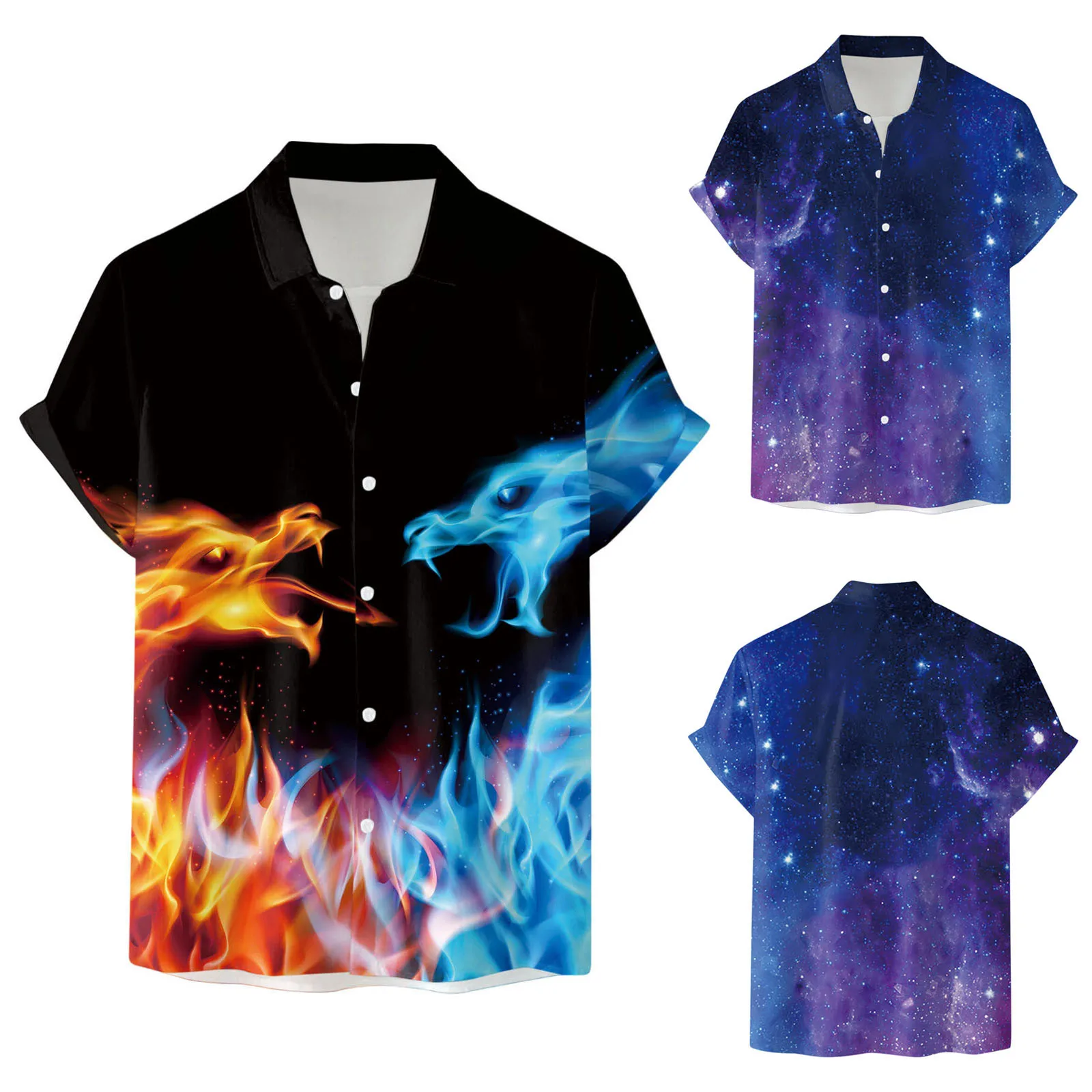 

Blue Button Men Short Sleeve Spring Summer Casual Printed Shirts Fashion Top Blouse Shirts Casual Tops Men