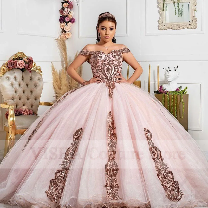

2022 Glitter Pink Quinceanera Dresses Off The Shoulder Appliques Ball Gown Formal Sweet 15 Birthday Party Gown