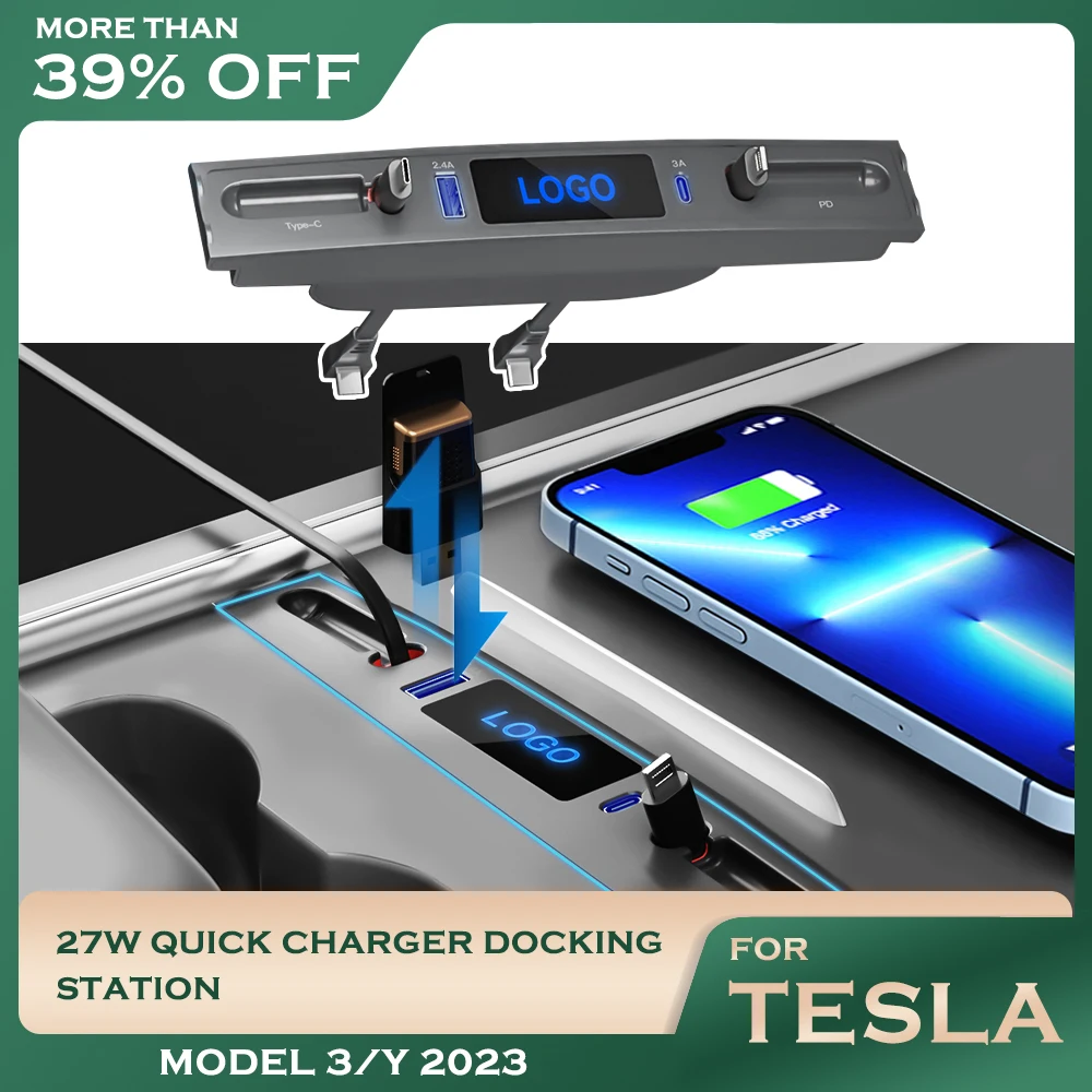 

27W Quick Charger Docking Station For Tesla Model 3 Y 2023 USB LED Shunt Hub Extension Center Console Smart Sensor Accessories