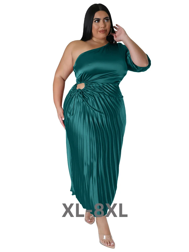 

Plus Size Dress Women One Shoulder Half Sleeve Robes Summer New Solid Elegant Sexy Oversize Pleated Dresses 2xl 3xl 4xl 5xl