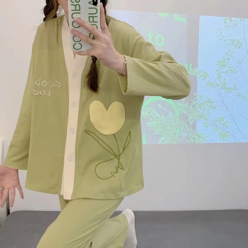 Pajamas for Women's Spring Student Youth Style Flower V-neck Soft Home Service Suit Casual Breathable and Comfortable Nightwear