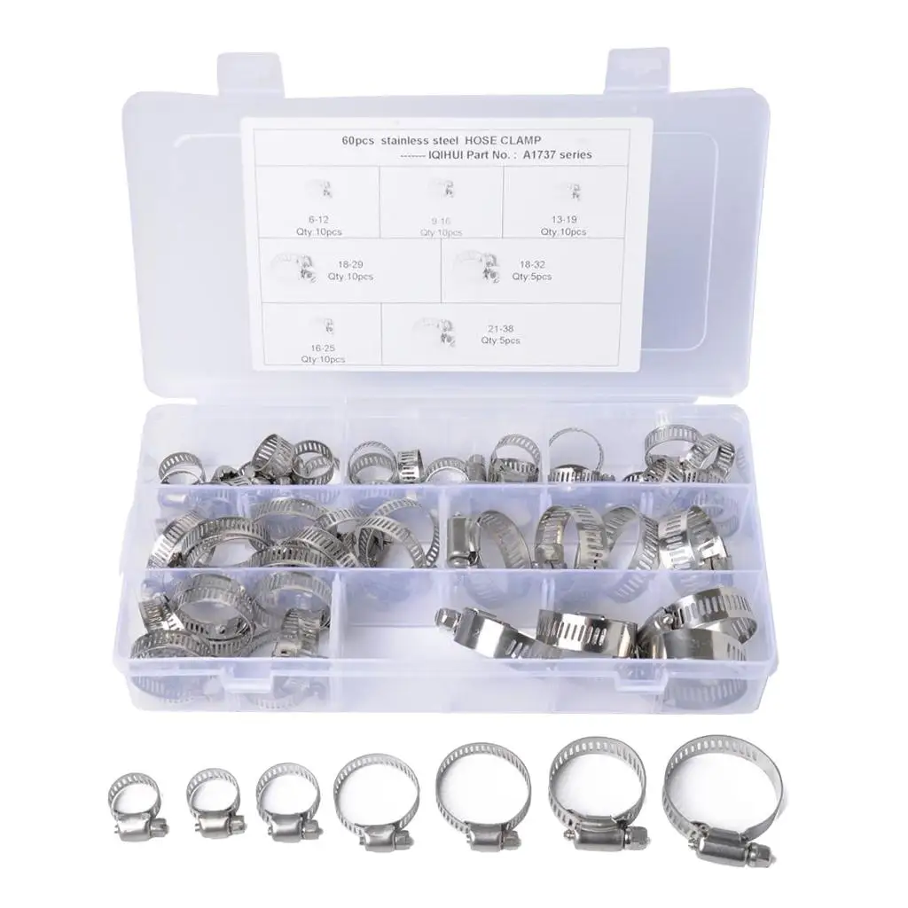 

60Pcs 6-38 Mm Hose Clamps Stainless Steel Clamps Hose Fittings Clips Fuel