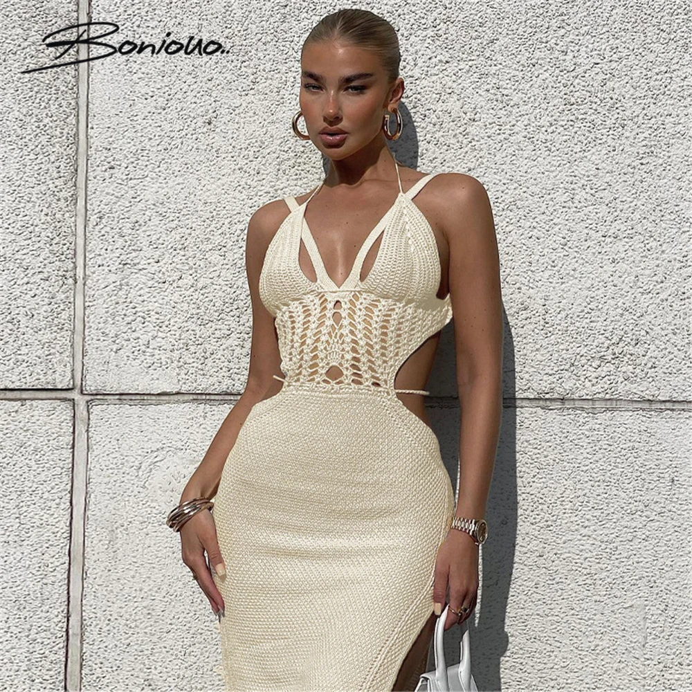

Boniouo Women Knit Backless Bandage Sexy Dress V Neck Strapless Slit Beach Dresses Female Robe Holiday Vestidos Woman Outfits
