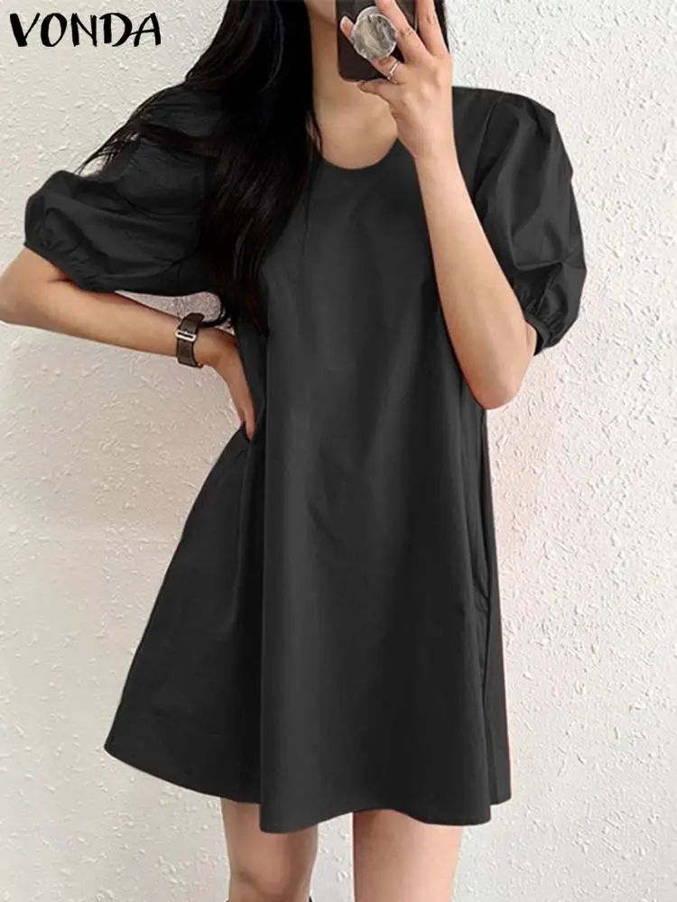 

VONDA Fashion Female Summer Casual Solid Holiday Short Sundress Women Plain Vestidos Short Puff Sleeve Pleated Dress Oversized