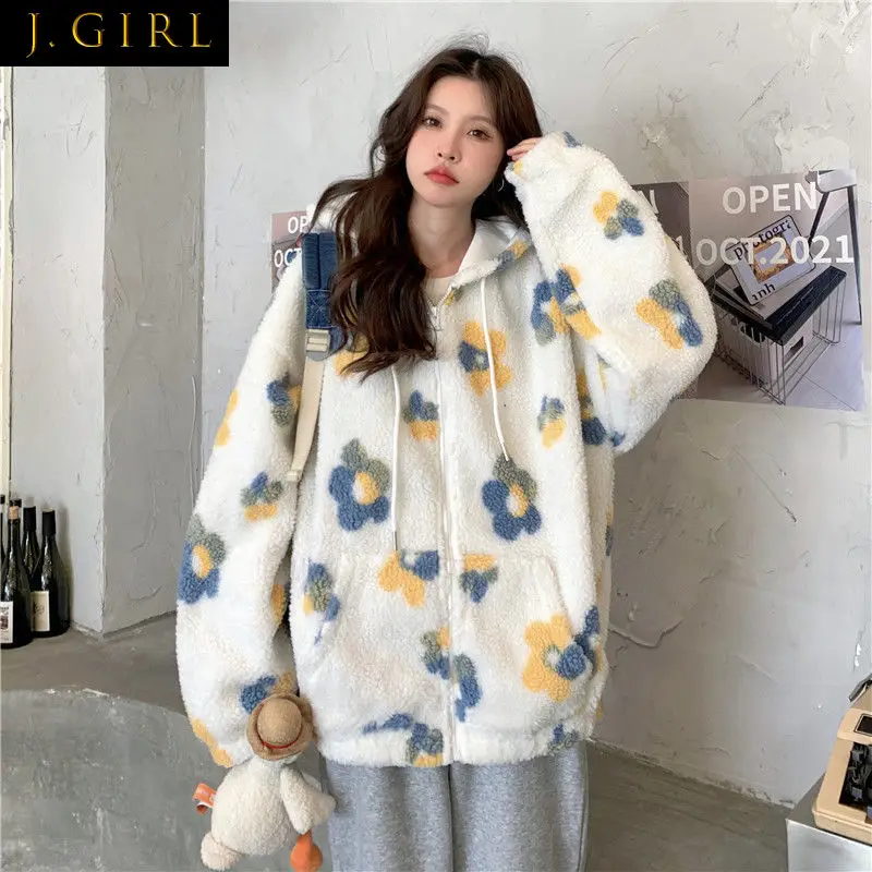 

Floral Hoodies Women Chic Lambswool Harajuku Sweet Loose Hooded Tops Females Ulzzang Newest All-match Bf Warm Autumn Korean Cozy