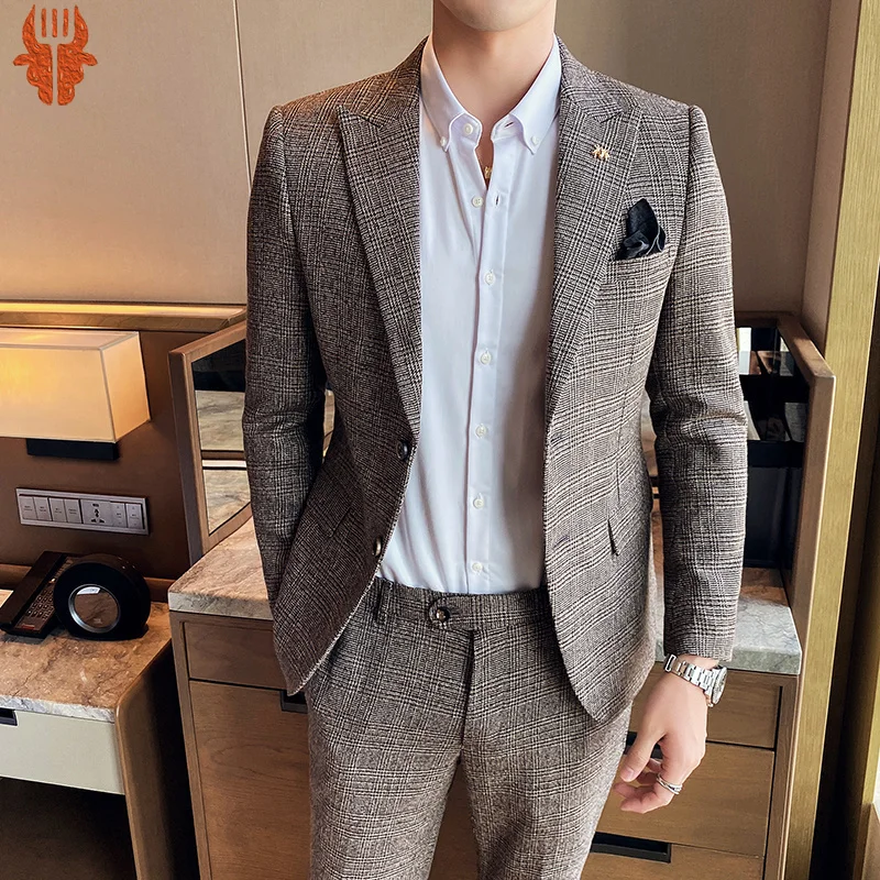 

[Blazer + Pants] Fashion Plaid Men's Casual Boutique Wedding Groom Groomsman Suit Formal Business Slim Two-piece Suit