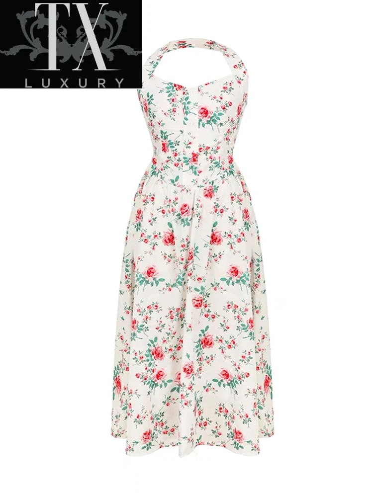 

Printed Maxi French Vintage Sexy Sleeveless Sundress Women Causal Halter Backless A-line Long Dresses Mujer Summer New