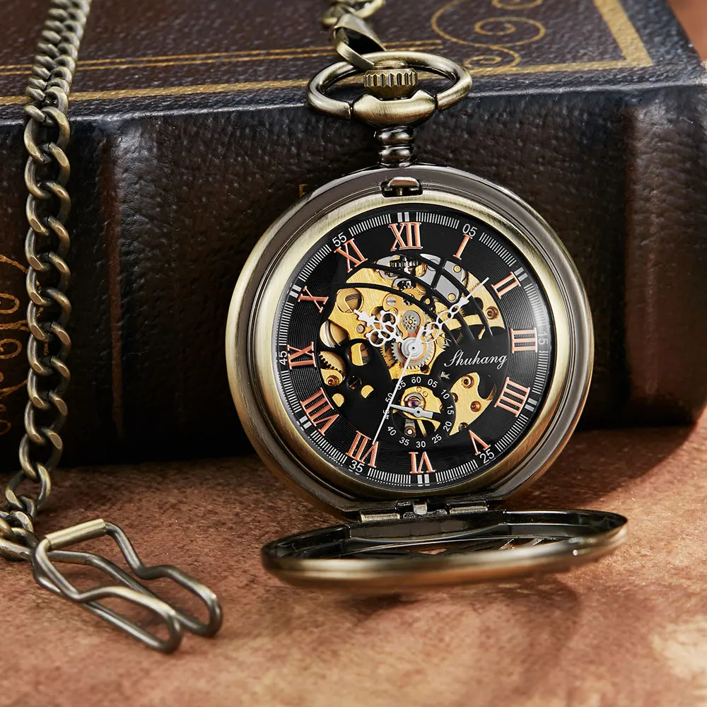 Vintage Angel Double Wings Black Mehanical Pocket Watch FOB Chain Hollow Skeleton Hand Wind Mechanical Mens Womens Watch