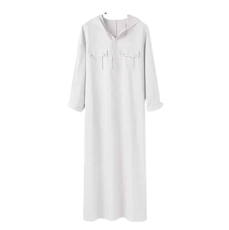 Arabic Style Simple Long Men's Pocket Hooded Shirt Muslim Robe Male Islamic Clothing Muslim Fashion Saudi Arabia Jubba Thobe