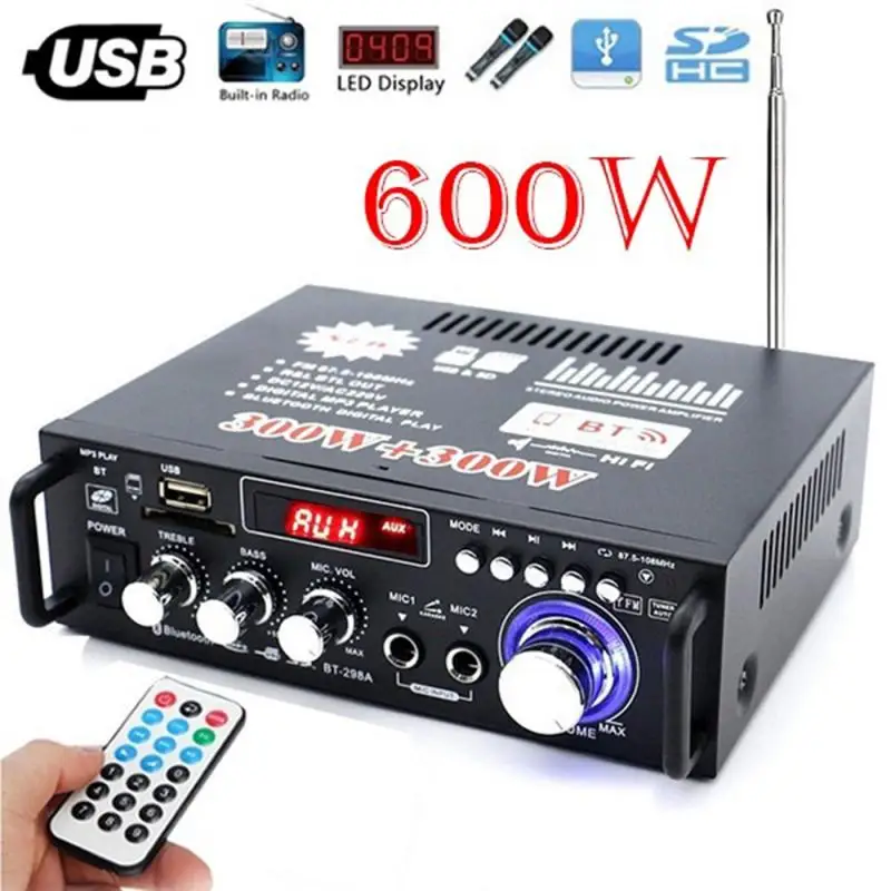 

110V 600W Wireless Digital Audio Amplifier Stereo Karaoke Amplifier 2 MIC Input FM Home Theater Amplifier
