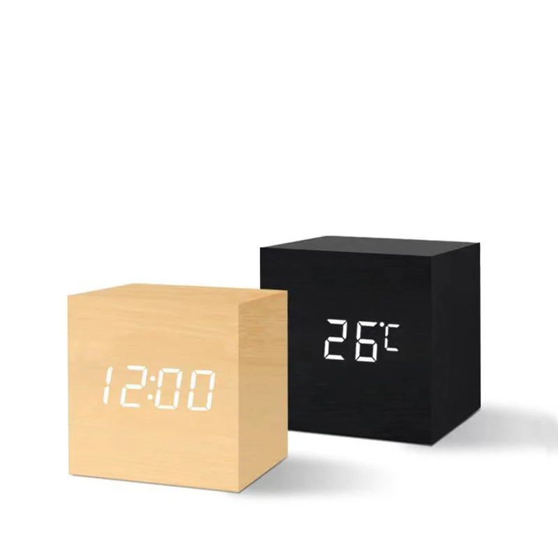Voice Control Wooden Nordic Style Luminous Digital Powered Electronic Clock Usb/aaa Powered