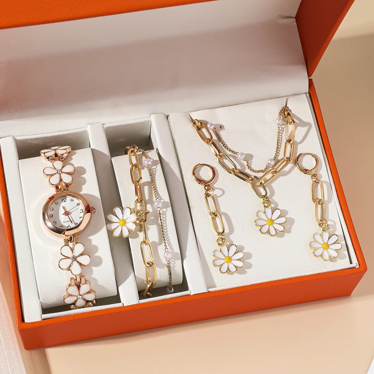 6PCS Set Luxury Watch Women Ring Necklace Earrings Rhinestone Fashion Wristwatch Female Casual Ladies Watches Bracelet S Clock