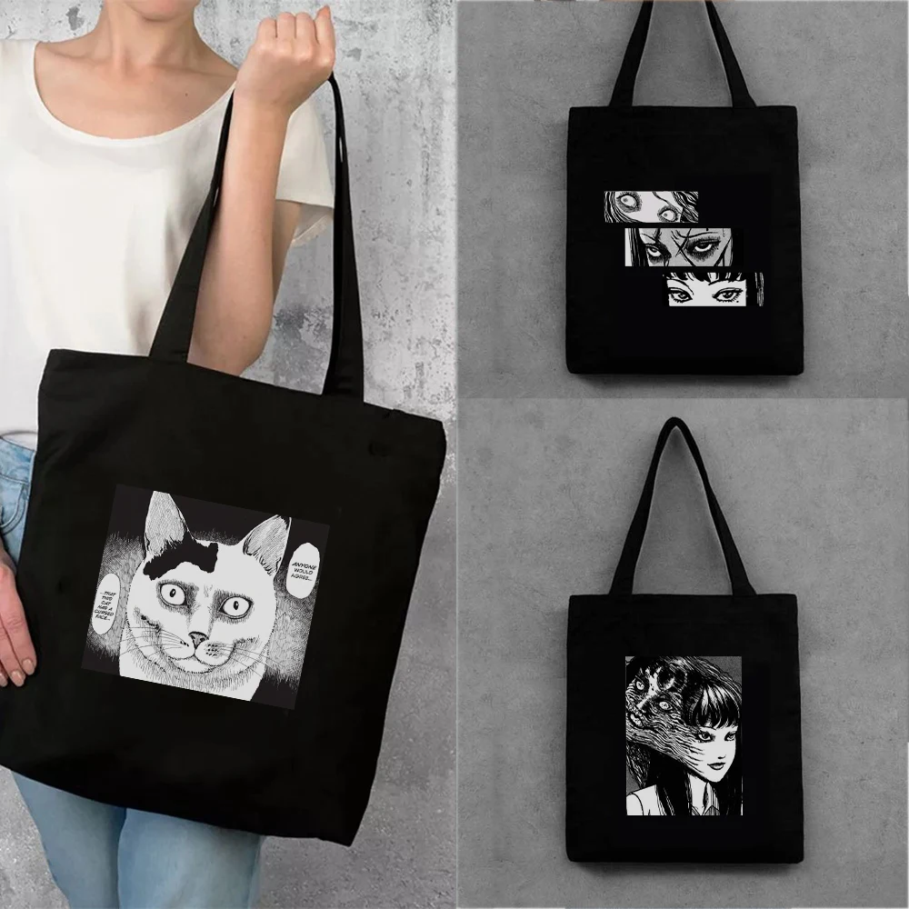 

Junji Ito Women's Bag Canvas White Designer Handbags Customizable Tote Beach Bags 2021 Shopper Woman Shopping Printed Fabric Eco