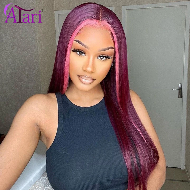 Burgundy with Pink 13x4 Lace Frontal Wigs Transparent Straight Lace Front Human Hair Wigs for Women Malaysian 5X5 Closure Wigs