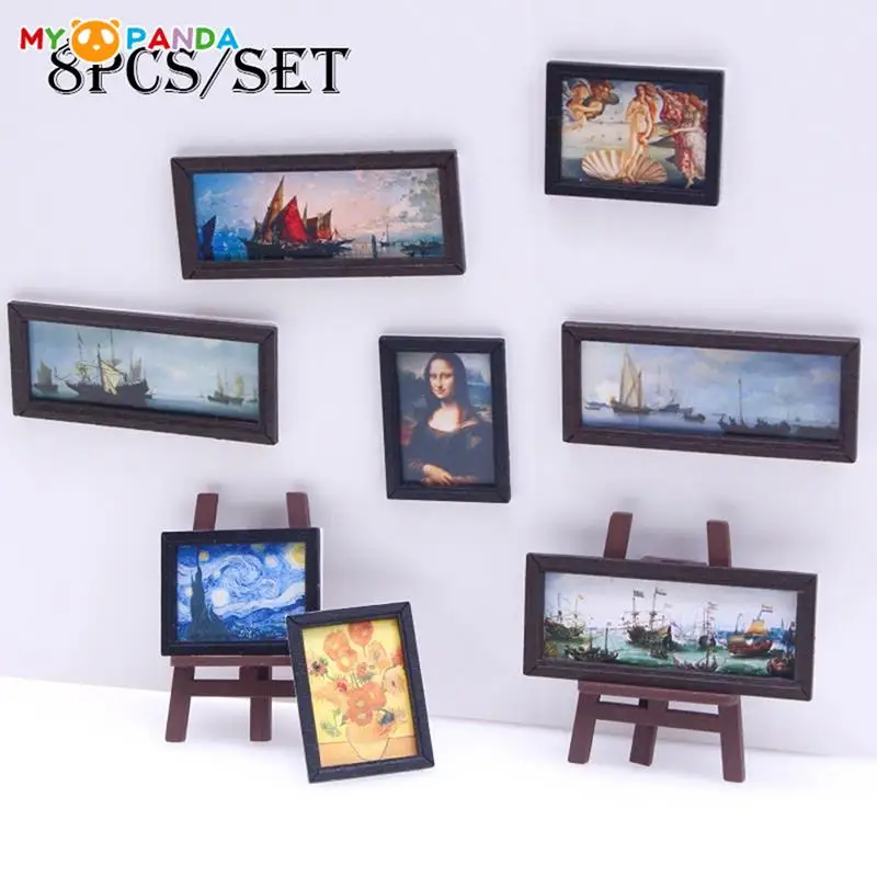 

8Pcs/Set 1:12 Dollhouse Miniature Vintage Oil Painting Mural Photos Wall Picture Model Doll House Livingroom Scene Accessories