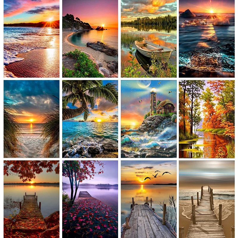 

JIEME DIY 5D Diamond Painting Seaside Scenery Cross Stitch Full Drill Embroidery Landscape Mosaic Pictures of Rhinestones Decor