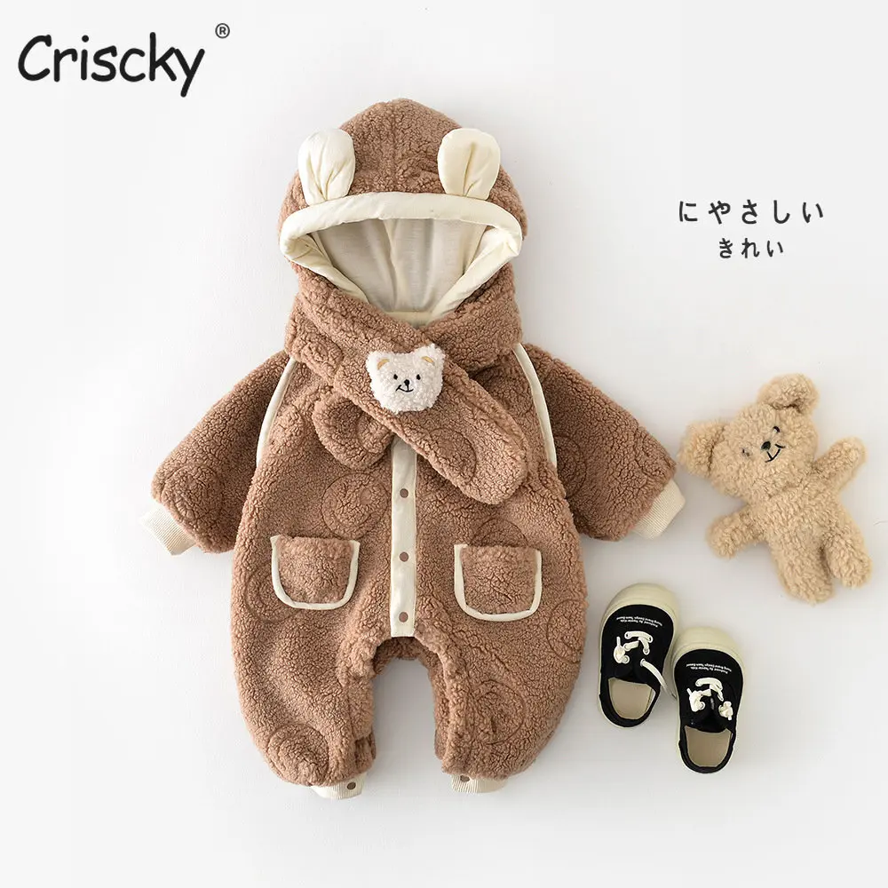 

Criscky Autumn Winter Children Romper Clothes Newborn Baby Thick Jumpsuit for Infant Baby Girl Hooded Romper+scarf Outwear 2pcs