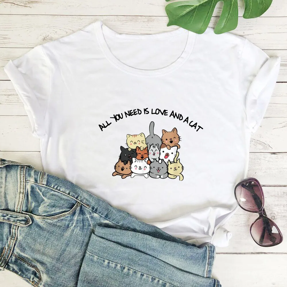 

All You Need Is Love and A Cat Tshirt Women Funny Cartoon Cat Print Tee Shirt Women Simple Wild Short Sleeve T Shirt Women