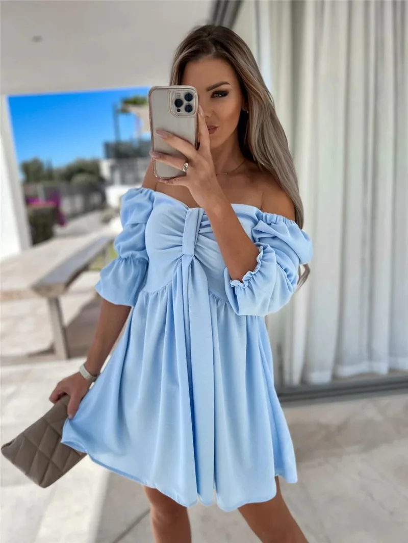 

2022 Autumn Sexy Short Dress Women's Black Off The Shoulder Chiffon Dresses Female Elegant Fashion Party Beach Ladies Clothes