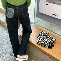 harajuku style streetwear tooling casual jeans fashion heart shaped pocket design straight trouser loose denim wide leg pants
