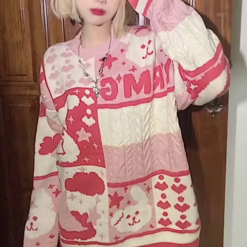 

Sweater Women Knitted Sweater Women Harajuku Heart-shape Pattern Knitted Pullover Vintage O-Neck Winter Sweaters