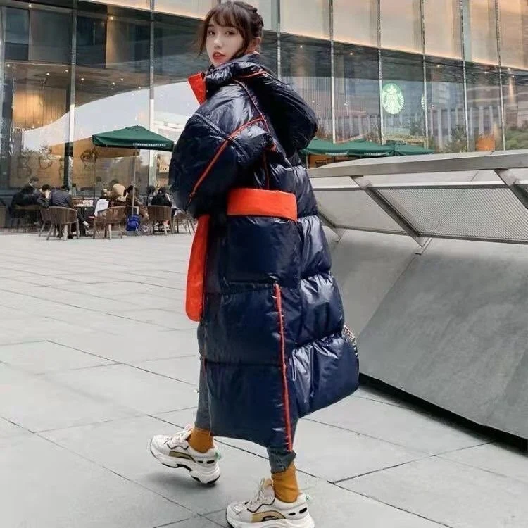 Winter Korean Fashion Detachable Hooded Down Jacket Baggy Coat Mid-Length Overknee Thickened Leisure Warm Glossy Down Coats