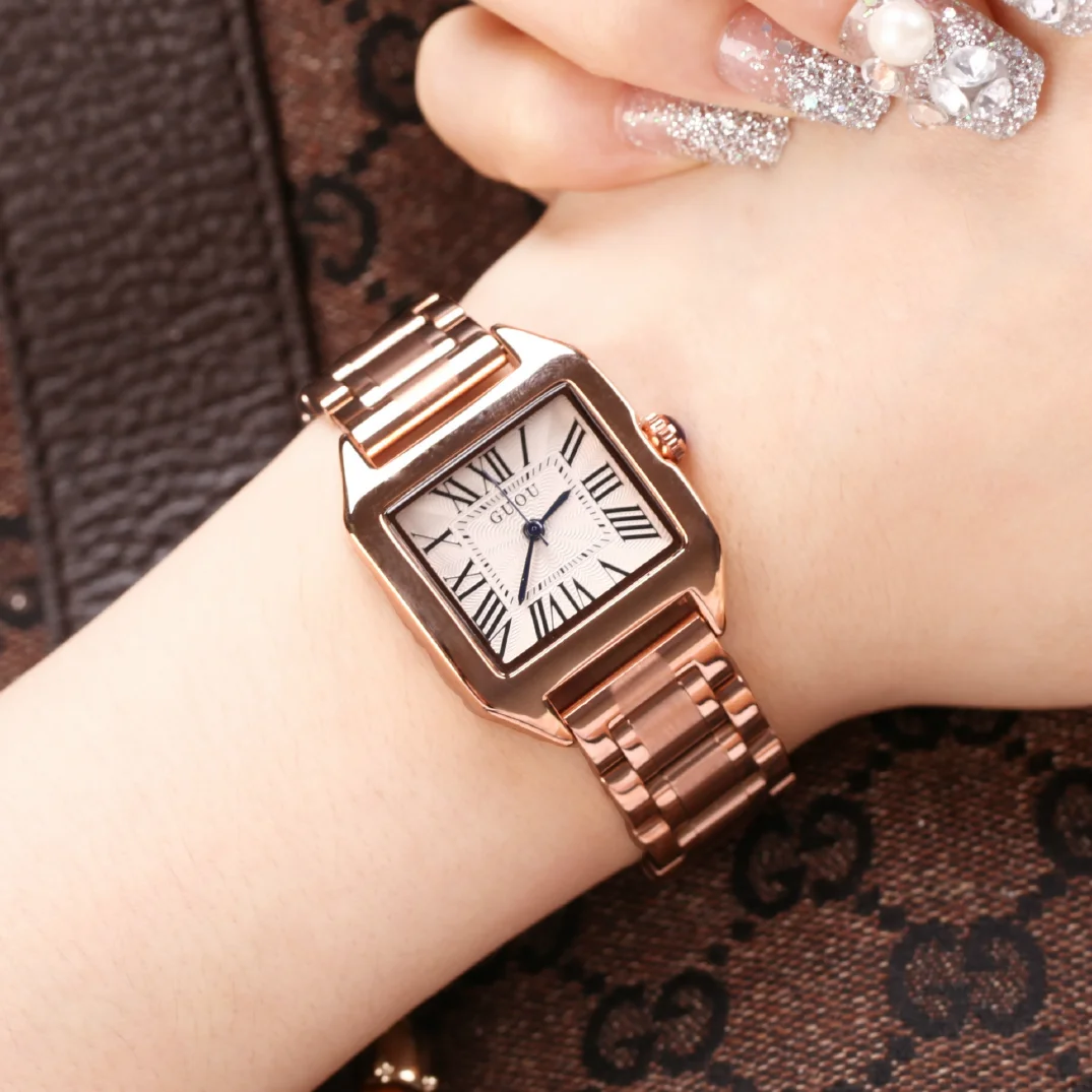 2018 Women's Square Luxury Rose Gold Alloy Quartz Watch Top GUOU Brand Waterproof Simple Watch for Woman Lady Gilrs Wristwatches enlarge