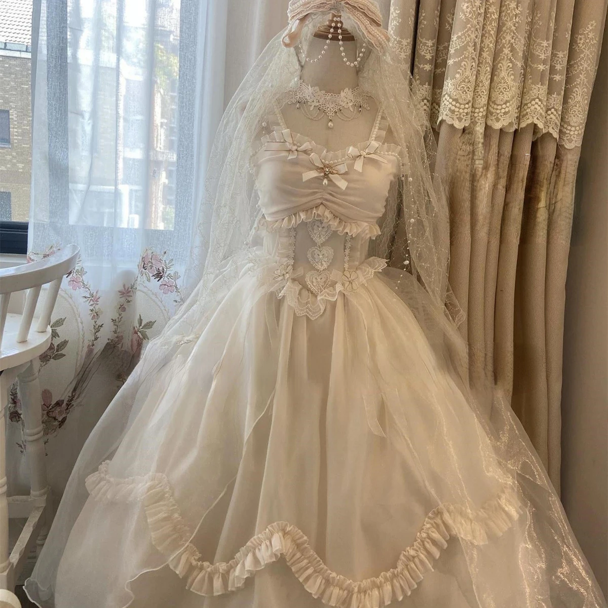 

Sweet Lolita Princess Party Dress Vintage Victorian Women Elegant Mermaid Flower Wedding Dresses Girly Lace Pearls Mesh Vestidos