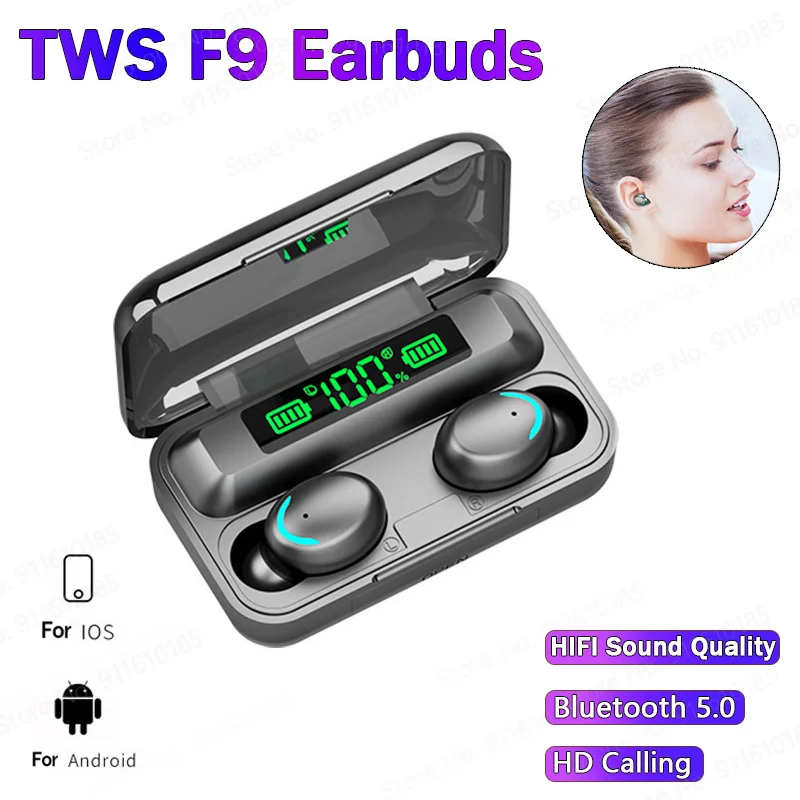 

TWS-стереонаушники F9 с поддержкой Bluetooth 5,0 и зарядным футляром