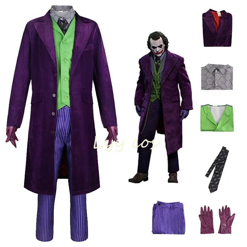 Movie Knight Joker Costume Heath Ledger Cosplay Suit Halloween Clown Uniform Purple Jacket Trench Vest Pants Full sets