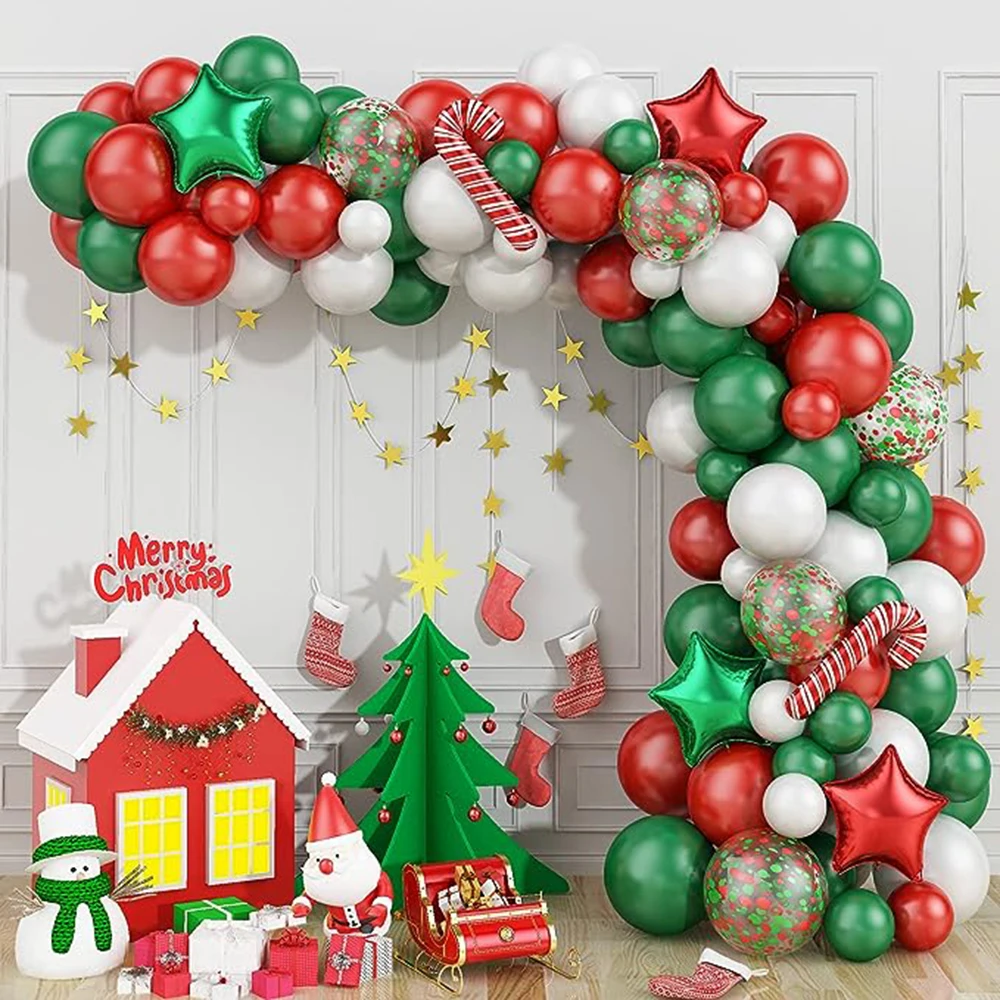 

Рождественская зеленая гирлянда с воздушными шарами, красный, белый воздушный шар, конфеты, тростник, звезда, фольгированные шары, Рождественская вечеринка, Новогодние декоративные принадлежности