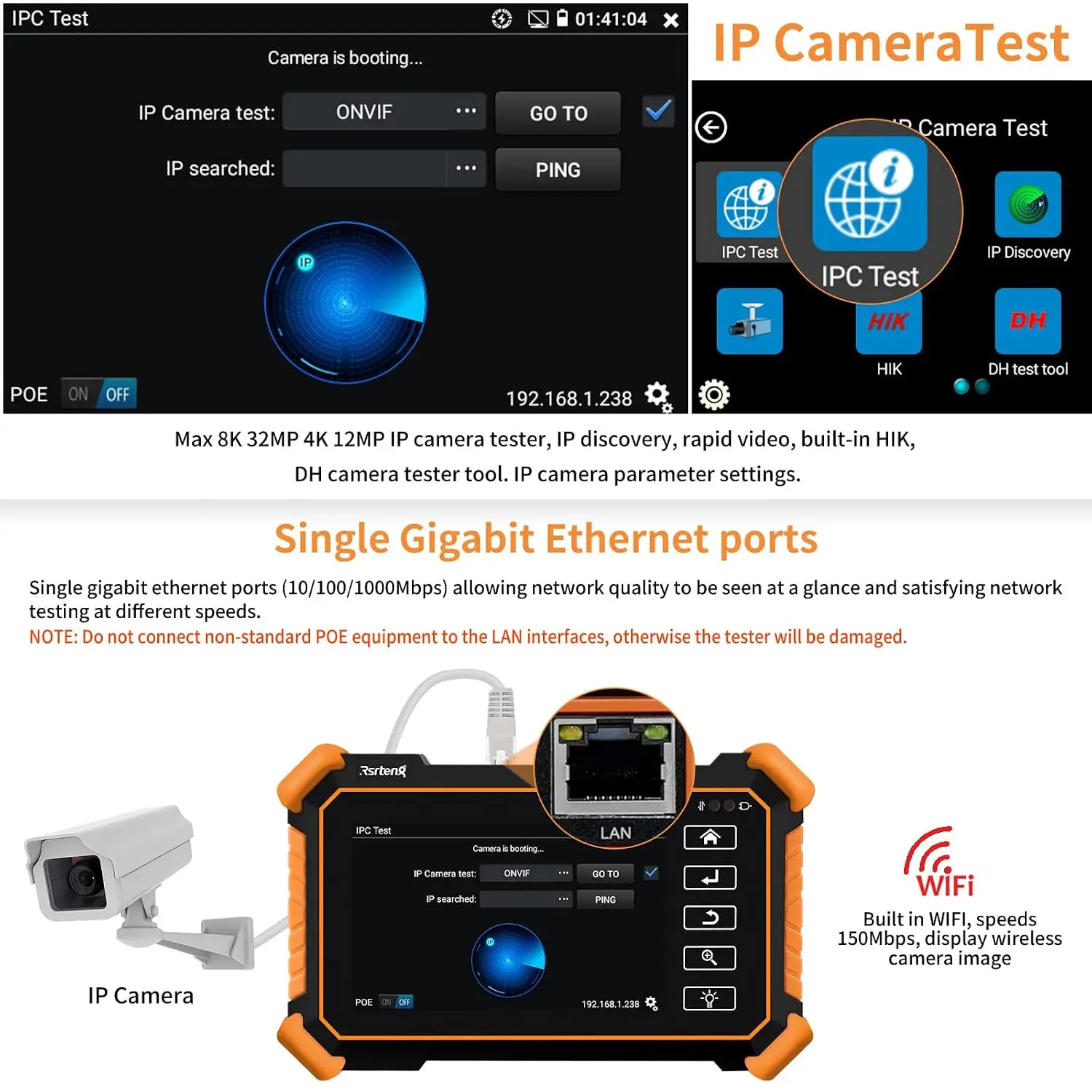 Фото Тестер видеонаблюдения IPC-1910C Plus с трассировщиком кабелей, поддержкой 8MP AHD CVI TVI CVBS IP-камер, 4-дюймовый сенсорный IPS-экран №3