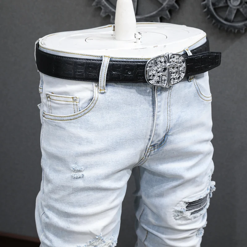 High Street Fashion Men Jeans Retro Light Blue Elastic Stretch Skinny Hole Ripped Jeans Men Patched Designer Hip Hop Brand Pants