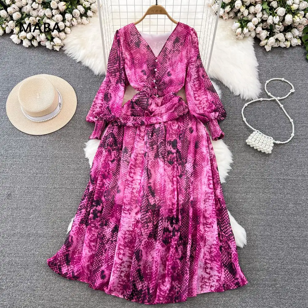

2023 Autumn Women Snake Print Luxury Long Dress Female V-neck Lantern Sleeve Slim Waist Gorgeous Temperament Robe Vestidos Y2k