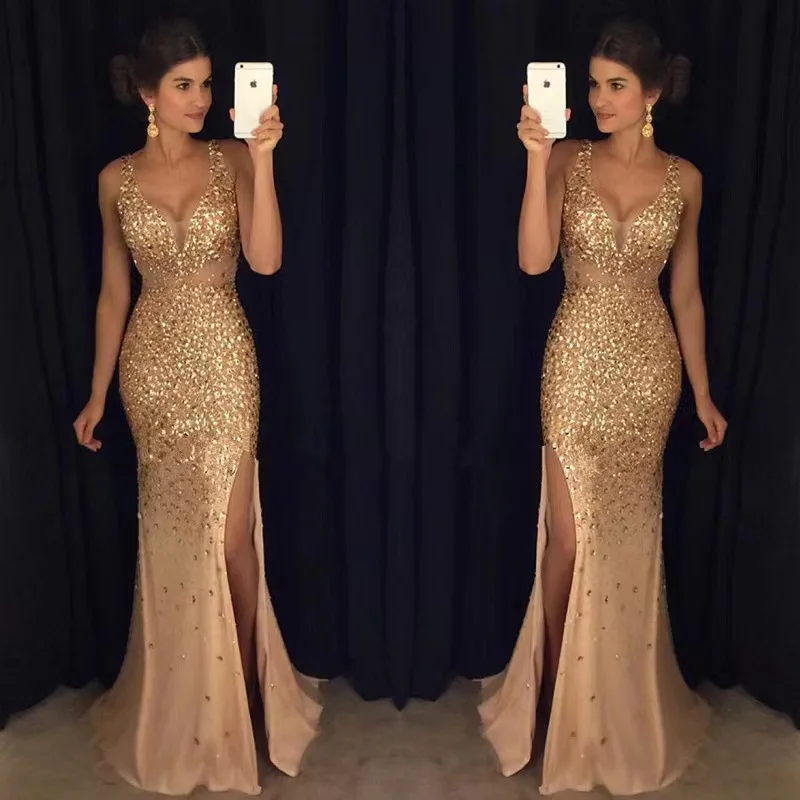 Sexy Slit Gold Evening Dresses 2022 Autumn and Winter Fashion Sequins Lace Dubai Saudi Arabic Prom Powers Sleep Party Dress