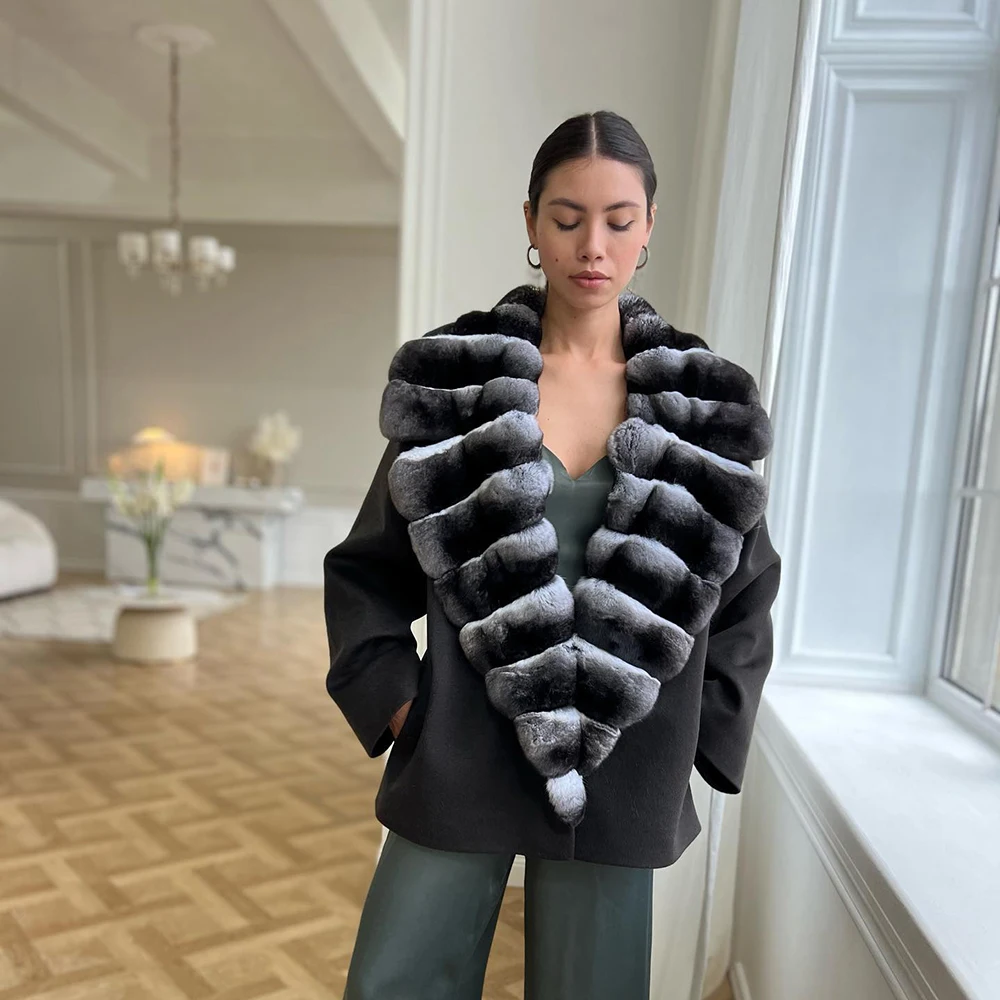 Genuine Chinchilla Fur Collar Patchwork Woolen Jacket Women Fashion Warm Outertwear Natural Rex Rabbit Fur Black Wool Coat Lady