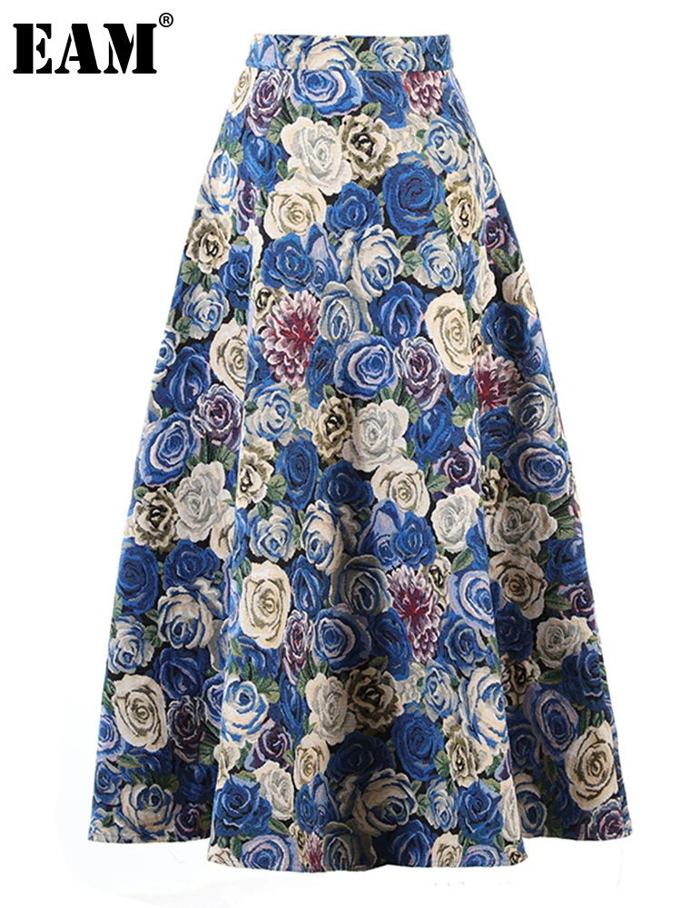 

[EAM] High Waist Blue Flower Printed Vintage Long Patry Half-body Skirt Women Fashion Tide New Spring Autumn 2022 1DE2450